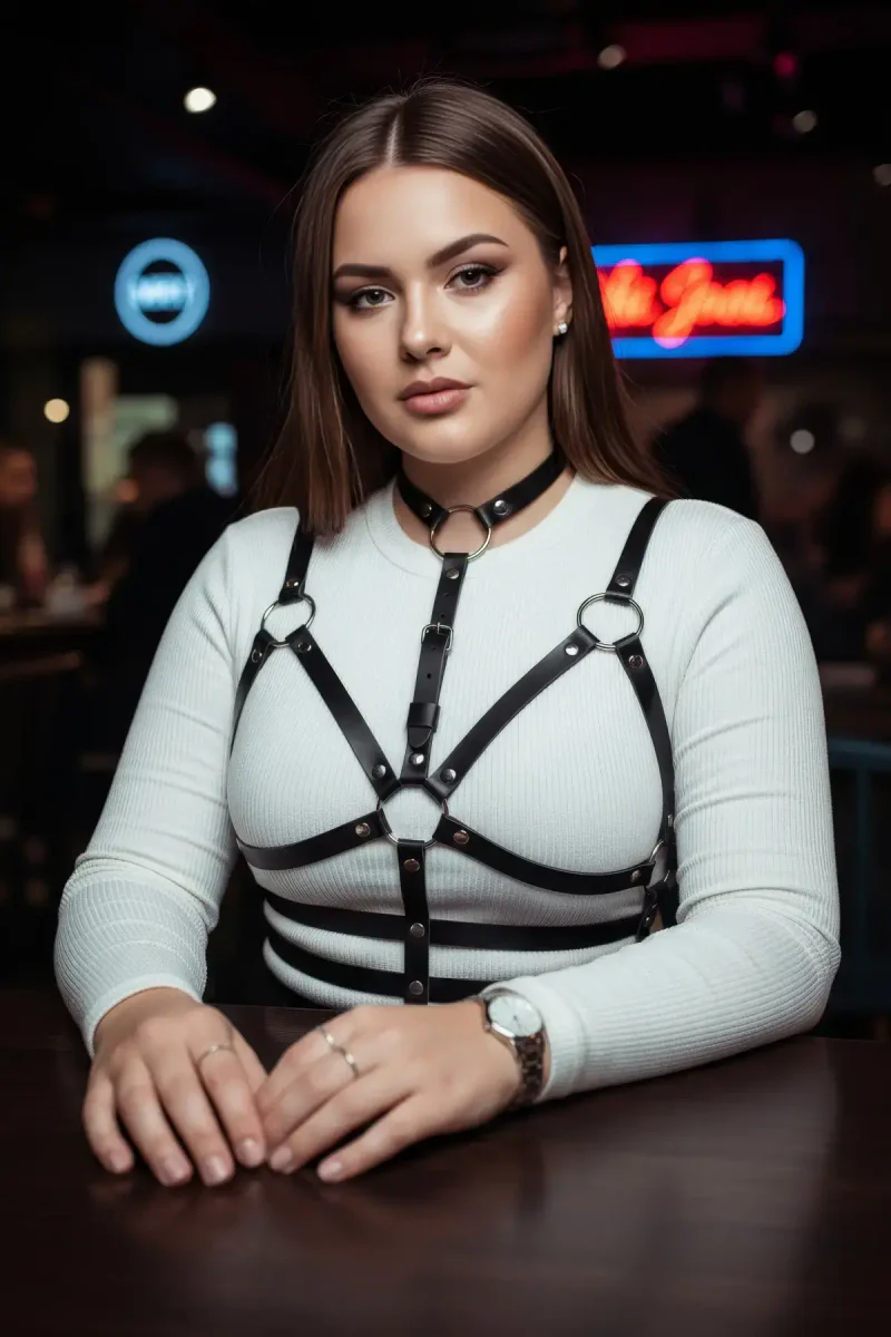 Fashionable faux leather harness outfit
