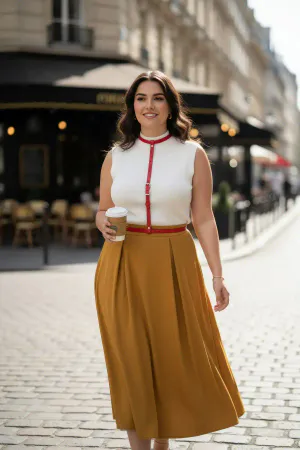 Red Faux Leather High-Neck Overbust Harness Belt for Women layered over a white top and yellow skirt