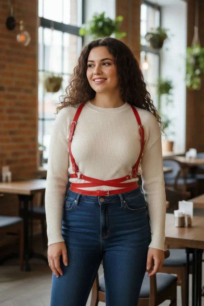 Red Vegan Leather Criss-Cross Body Harness Adjustable Straps