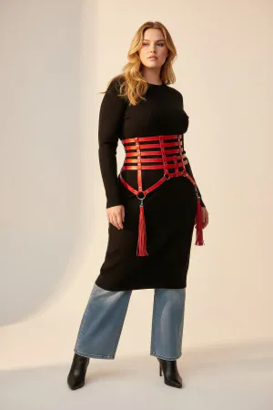 Red Caged Waist Harness Faux Leather Detachable Tassels Front View
