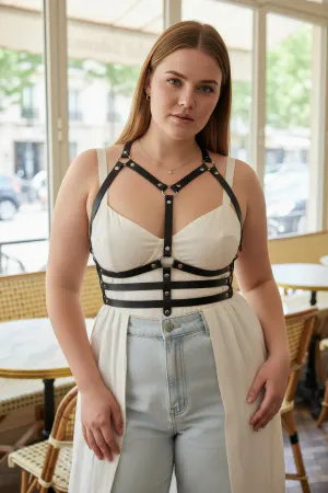 Black Faux Leather Multi-Strap Chest Harness Silver Studs