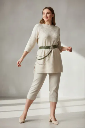 Khaki Faux Leather Waist Harness Draped Silver Chains Worn Over Sweater
