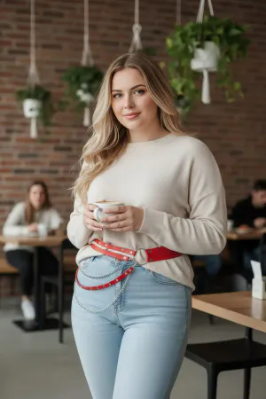 Red Faux Leather Waist Harness Belt with Silver Chains Worn Over Jeans