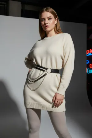 Black Faux Leather Studded O-Ring Belt with Silver Chains over a cream sweater