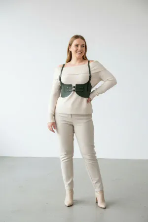 Dark Green Faux Leather Underbust Harness Women Structured Double Buckle