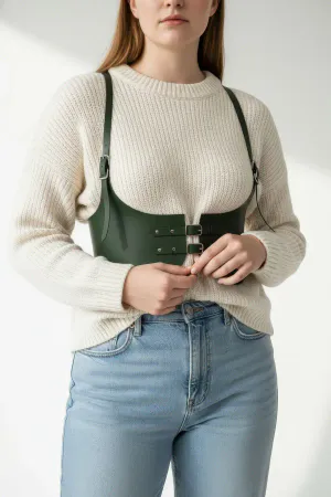 Dark Green Faux Leather Underbust Harness Women Structured Double Buckle