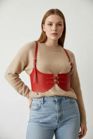 Red Faux Leather Underbust Waist Harness Adjustable Buckles