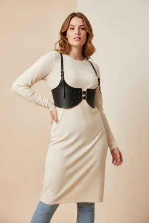 Black Faux Leather Underbust Harness Wide Straps Adjustable Over Cream Sweater