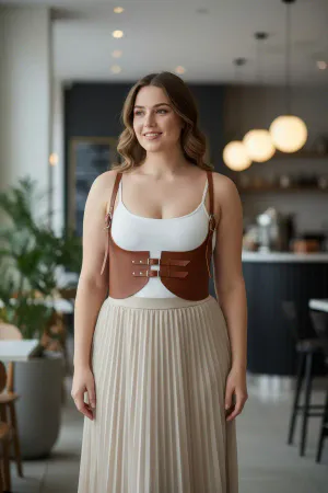 Tan Faux Leather Underbust Corset Harness Top with Adjustable Buckles