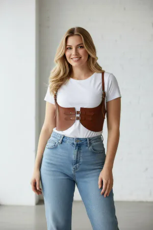 Tan Faux Leather Underbust Corset Harness Top with Adjustable Buckles