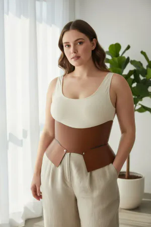 Tan Faux Leather Waspie Waist Cinch Belt Women Structured