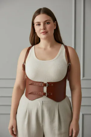 Tan Faux Leather Underbust Harness Belt Adjustable Shoulder Straps