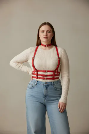Red Vegan Leather Caged Underbust Harness with Choker on Plus-Size Model