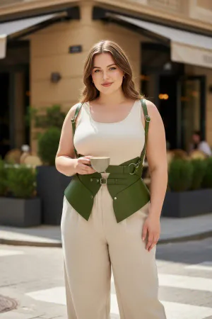 Olive Green Faux Leather Corset Belt with Shoulder Harness Straps on a Plus Size Model