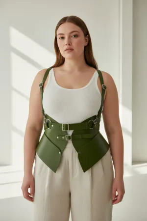 Olive Green Faux Leather Corset Belt with Shoulder Harness Straps on a Plus Size Model