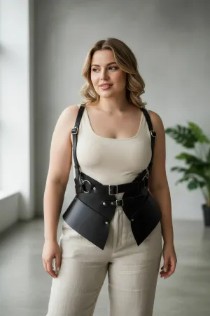 Black Faux Leather Corset Harness Belt Women Sculpted Waist Panels