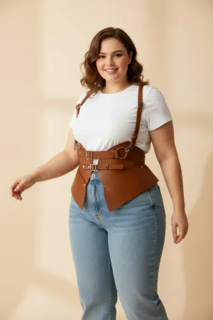 Caramel Faux Leather Waist Cincher Body Harness with Structured Hip Panels