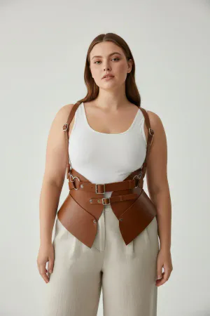 Caramel Faux Leather Waist Cincher Body Harness with Structured Hip Panels