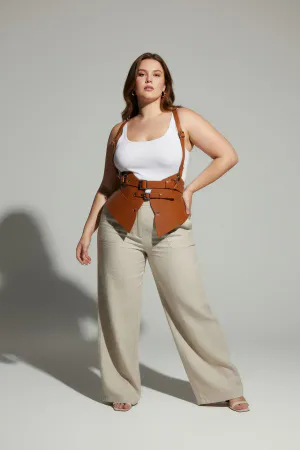 Caramel Faux Leather Waist Cincher Body Harness with Structured Hip Panels