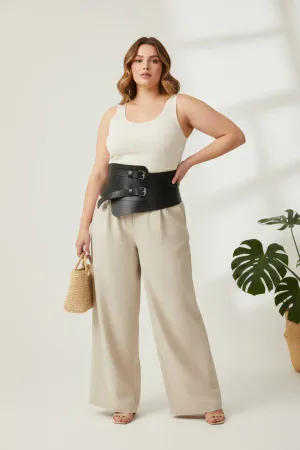 Black Faux Leather Waspie Belt with Asymmetric Panel and Double Buckles on model