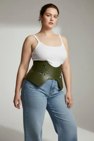 Olive Green Faux Leather Waist Harness Belt with Cut-Outs and Studs worn by woman