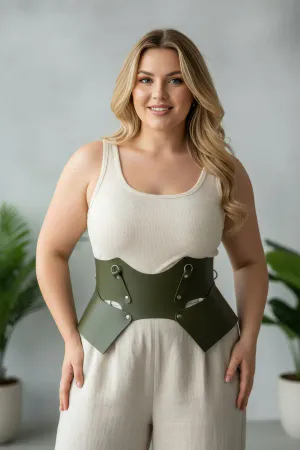 Olive Green Faux Leather Waist Harness Belt with Cut-Outs and Studs worn by woman