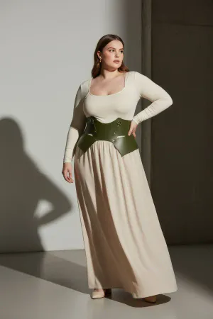 Olive Green Faux Leather Waist Harness Belt with Cut-Outs and Studs worn by woman