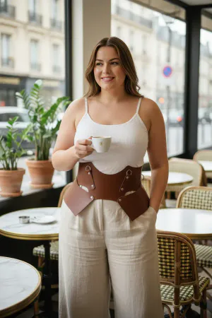 Tan Vegan Leather Underbust Waist Cinch Harness with Detachable Hip Panels on model