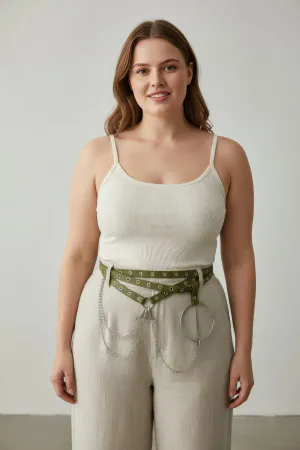 Khaki Faux Leather Belt Harness with Draped Chains and O-Ring on a Woman