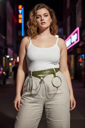 Khaki Faux Leather Belt Harness with Draped Chains and O-Ring on a Woman