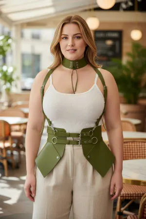 Olive Green Waspie Corset Harness Chest Harness Choker Set Faux Leather