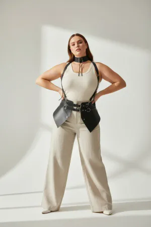 Black Faux Leather Integrated Choker Body Harness Waist Panels