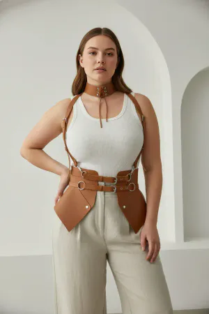 Tan Faux Leather Waspie Corset Harness with Choker and Shoulder Straps