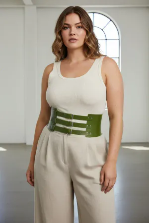 Olive Green Faux Leather Waspie Belt with Triple Buckles Worn by Model