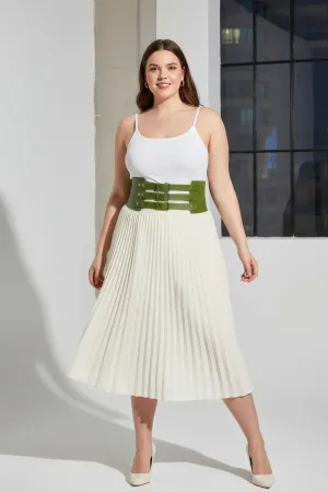 Olive Green Faux Leather Waspie Belt with Triple Buckles Worn by Model