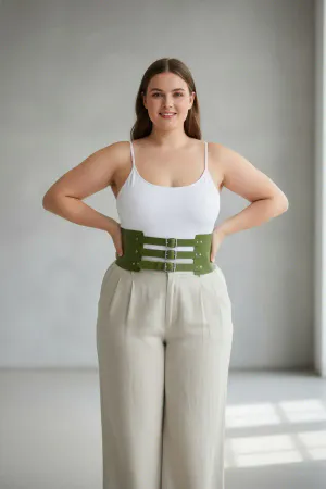Olive Green Faux Leather Waspie Belt with Triple Buckles Worn by Model