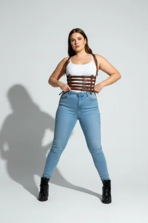 Cognac Faux Leather Multi-Strap Underbust Harness Top Worn View