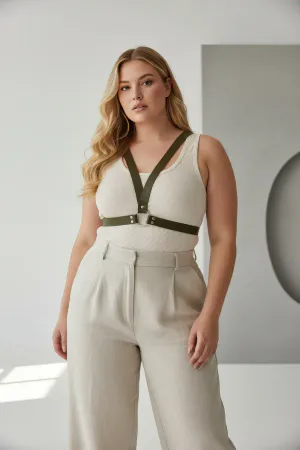 Olive Green Faux Leather Minimalist Chest Harness O-Ring Adjustable Straps