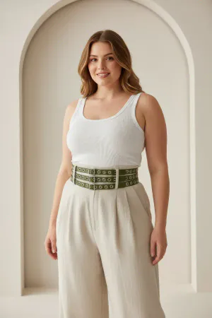 Khaki Faux Leather Triple-Row Waist Harness Belt on woman, eyelets