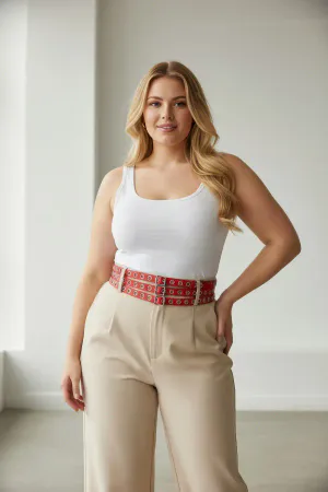 Red Faux Leather Waist Harness Belt with Square Buckles Worn Over Trousers