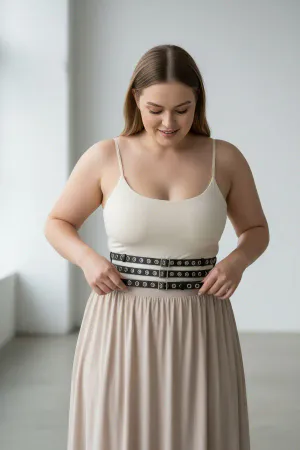 Black Triple-Strap Eyelet Vegan Leather Waist Harness Belt Worn Over White Tank Top