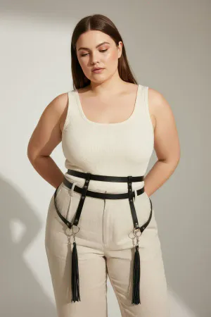 Black Faux Leather Waist Harness with Detachable Tassels Plus Size