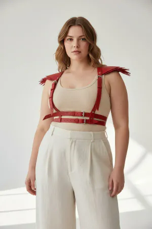 Red Faux Leather Shoulder Spike Chest Harness for Women Adjustable Straps