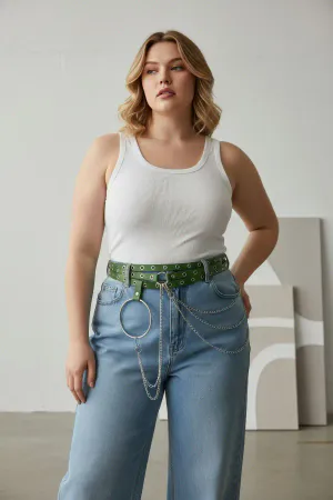 Wide Green Vegan Leather Grommet Belt with Detachable Chain Detail