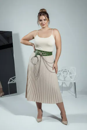 Wide Green Vegan Leather Grommet Belt with Detachable Chain Detail