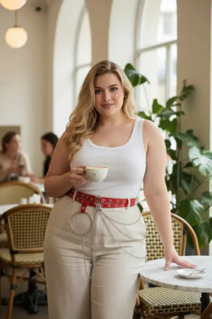 Red Faux Leather Belt with Silver O-Ring and Chain Details Worn by Plus-Size Model