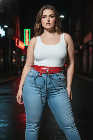 Red Faux Leather Belt with Silver O-Ring and Chain Details Worn by Plus-Size Model