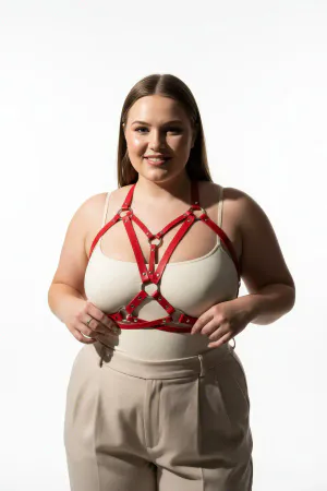 Red Faux Leather Caged Chest Harness Women Adjustable O-Rings