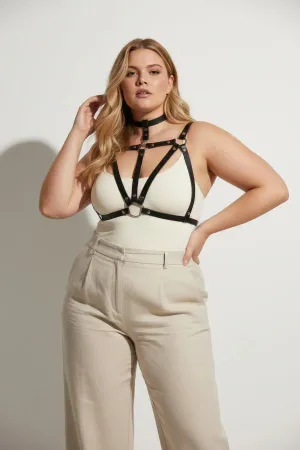 Black Faux Leather Cage Chest Harness with Choker O-Ring