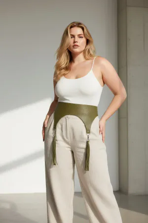 Olive Green Vegan Leather High-Waisted Underbust Harness with Tassel Garters